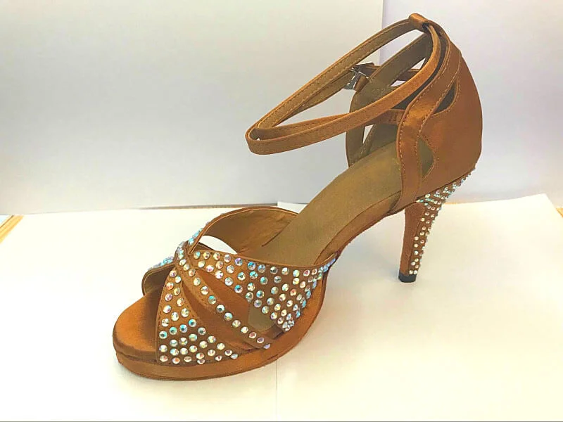 Dark Tan Satin Rhinestone Samba Platform Dance Shoes