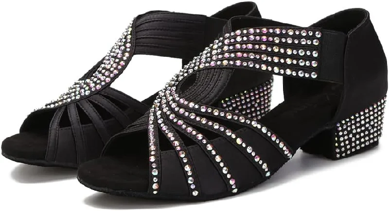 Low Heel Dance Shoes Black Rhinestone for Ballroom Salsa Latin